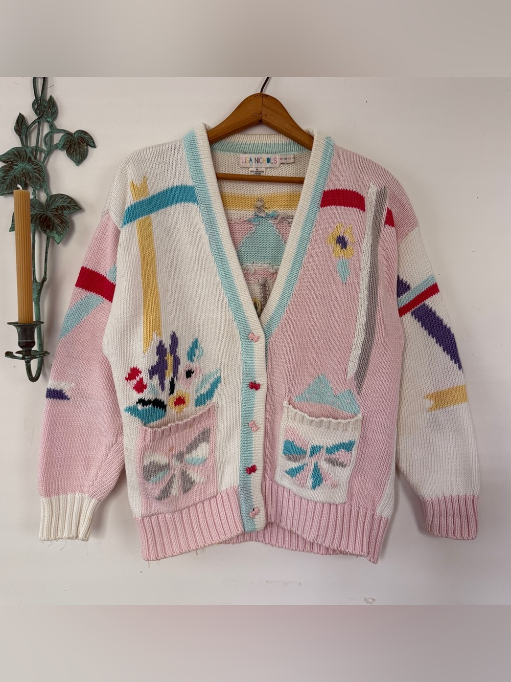 Vintage 1989 Lisa Nichols Pastel Novelty Floral Bow Umbrella Knit Cardigan M